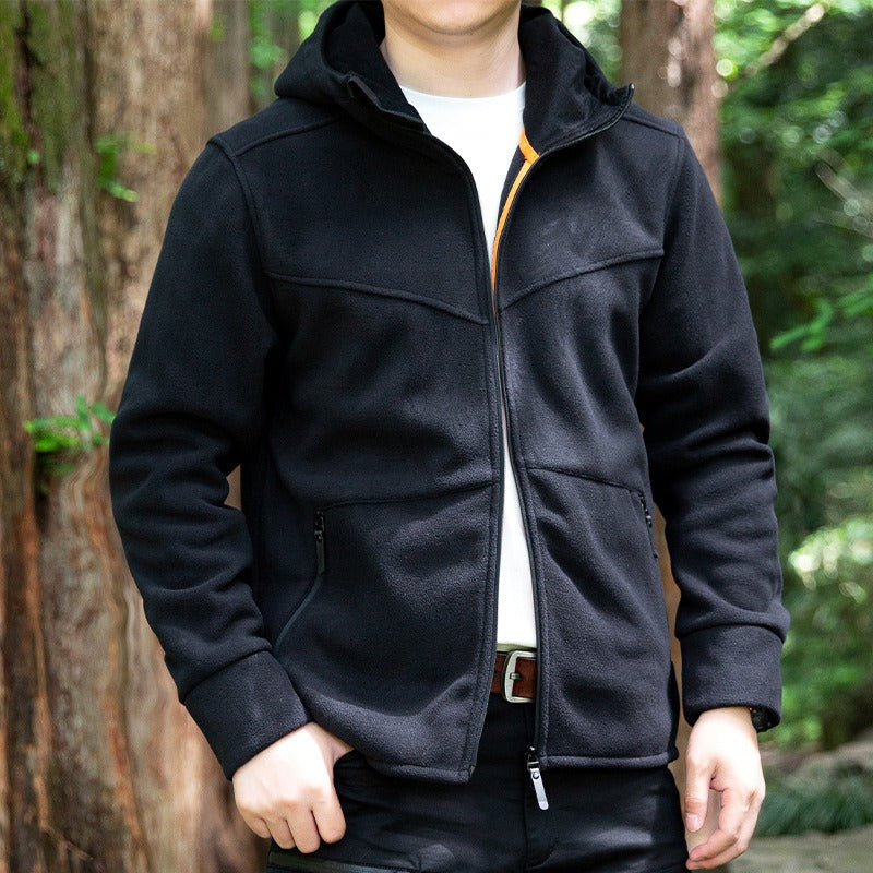 Men's hooded fleece zip jacket in black, worn, front view