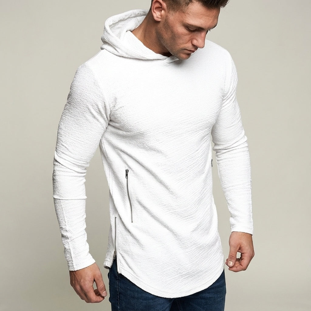 Men's slim-fit gym hoodie in white, worn, front view