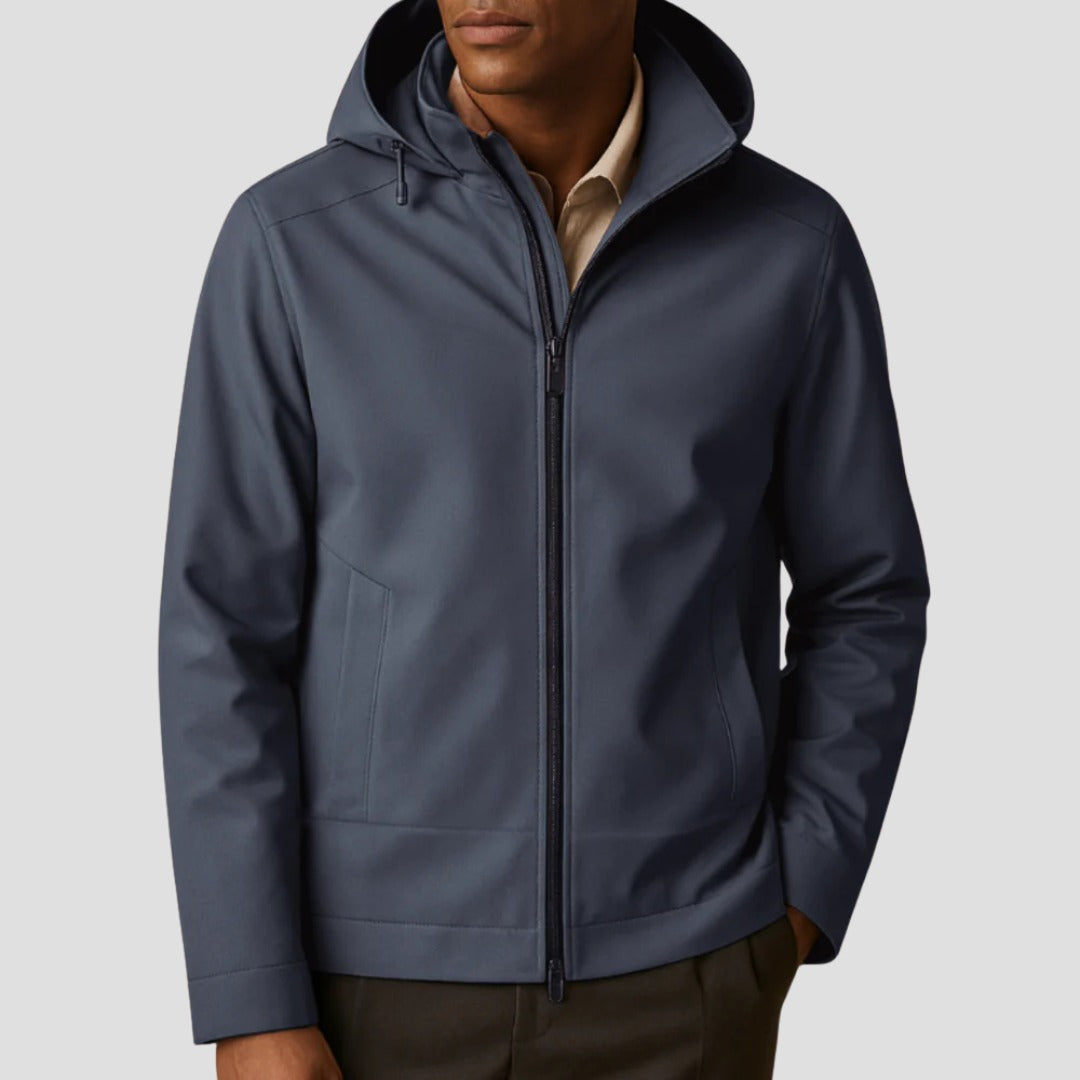 Men's hooded zip jacket in blue grey, worn, front view