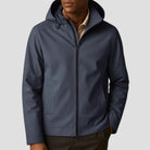 Men's hooded zip jacket in blue grey, worn, front view