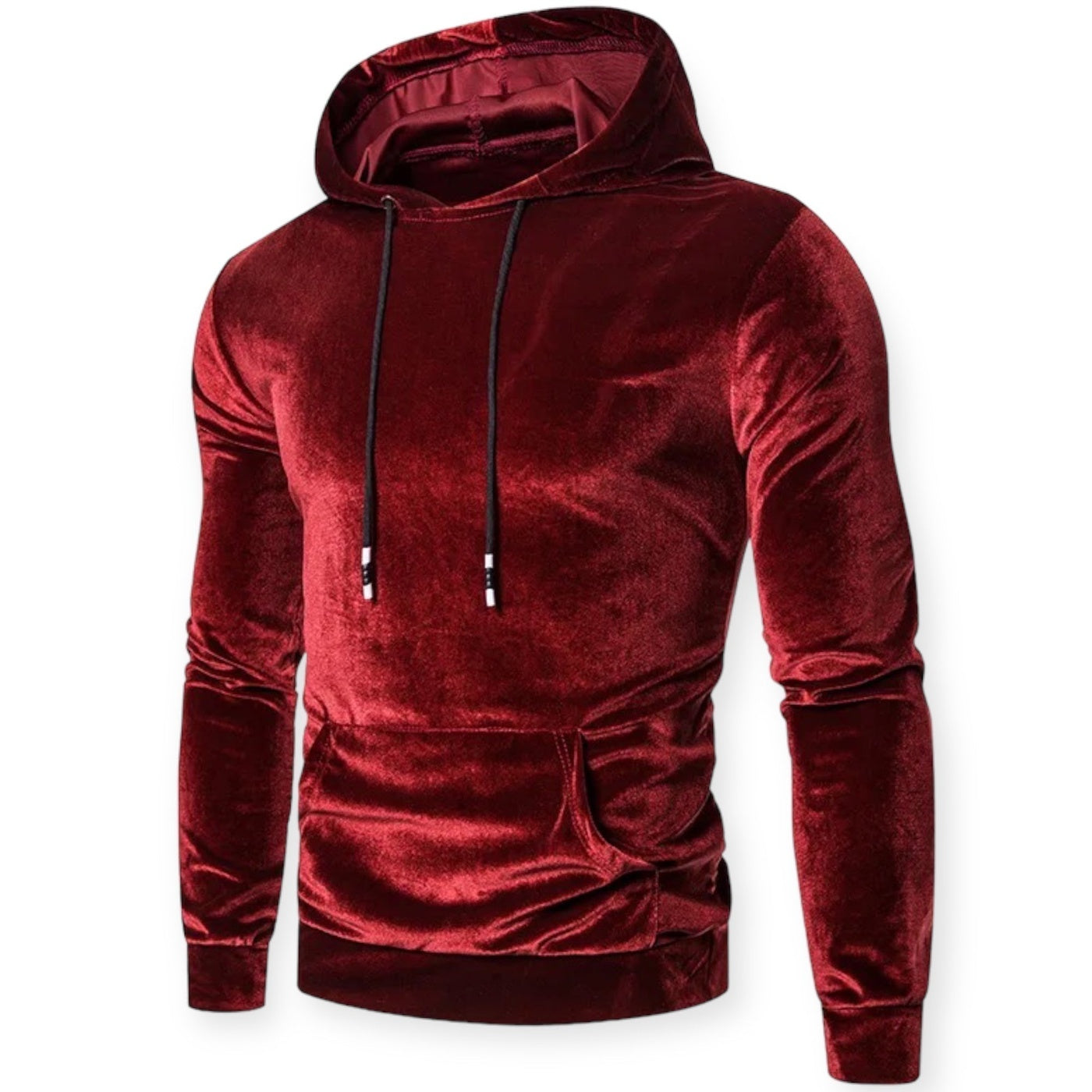 Men's velvet hoodie in red, front view