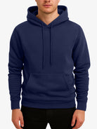 Men's soft-lined winter hoodie in navy, worn, front view