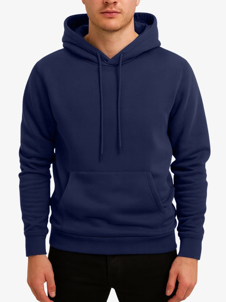 Men's soft-lined winter hoodie in navy, worn, front view