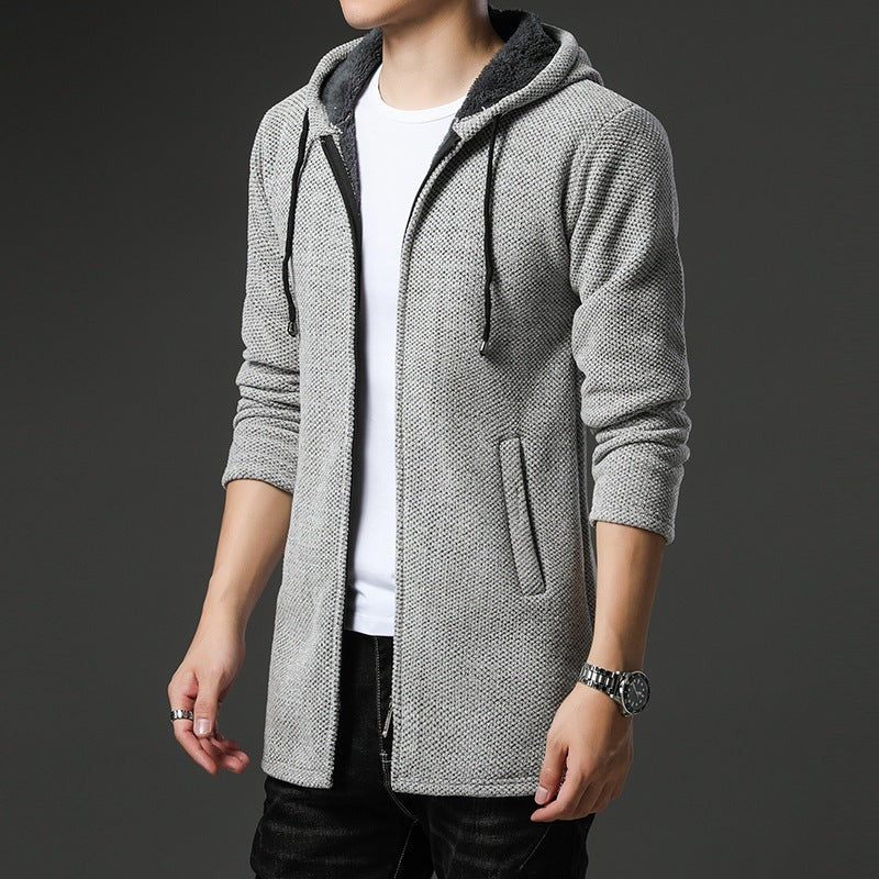 Men's knitted longline hooded cardigan in light grey, worn, front view