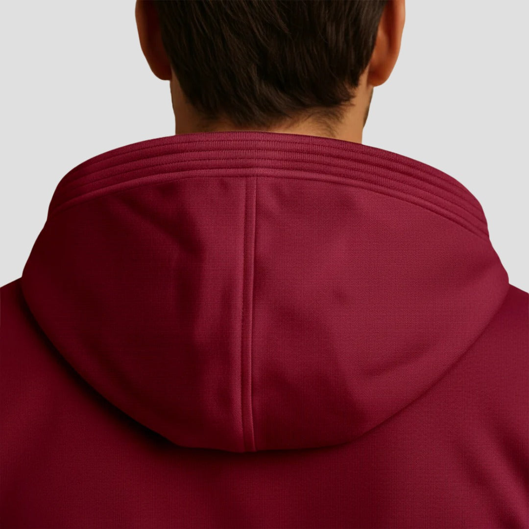 Men's sherpa-lined zip hoodie in burgundy, close-up of the hood from behind