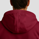 Men's sherpa-lined zip hoodie in burgundy, close-up of the hood from behind