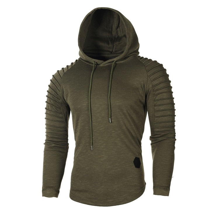 Men's slim-fit hoodie with ribbed sleeves in olive green, front view