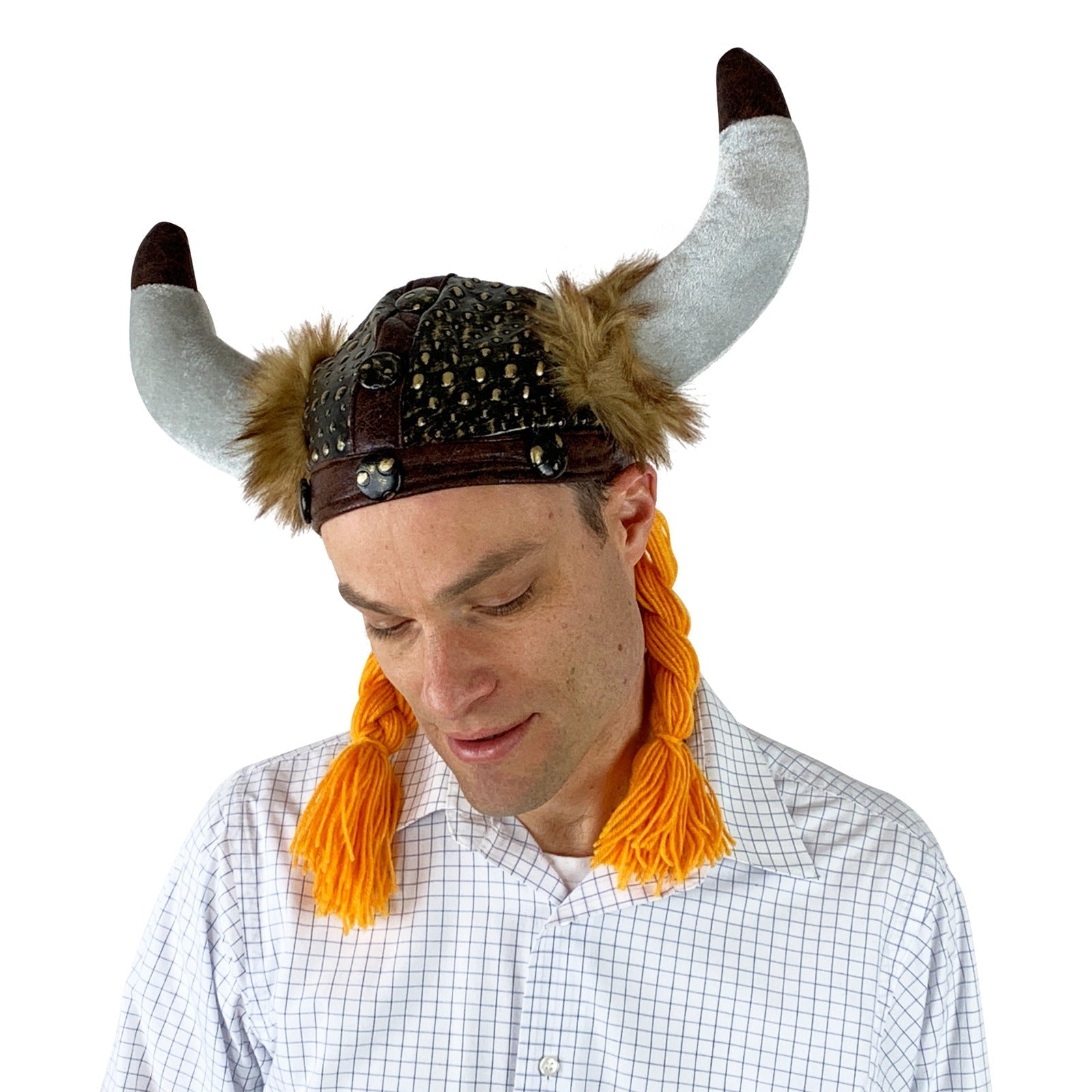 Man wearing the Viking helmet hat with orange braids