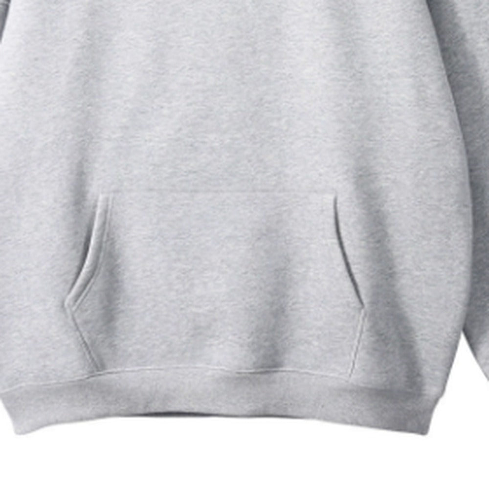 Men's oversized pullover hoodie in light grey, close-up of the kangaroo pocket
