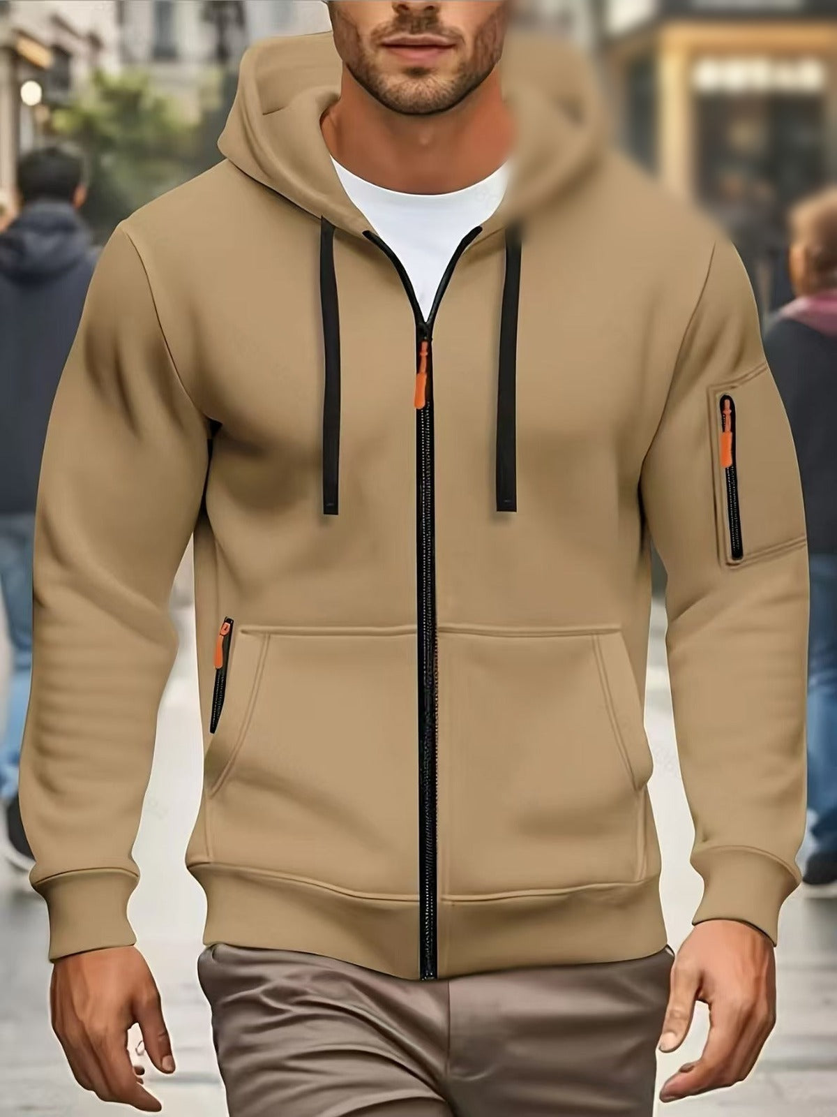 Men's full-zip hoodie with a sleeve pocket in khaki, worn, front view