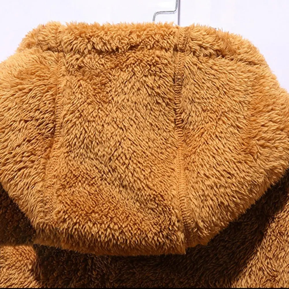 Men's hooded borg jacket in camel, close-up of the hood