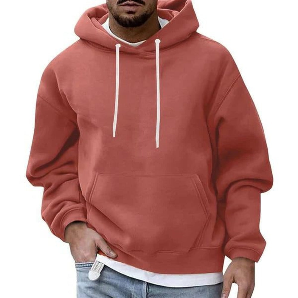 Men's oversized hoodie in terracotta, worn, front view