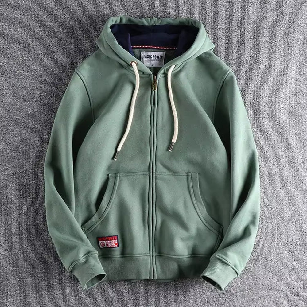 Sage green zip-up hoodie with chunky drawcords and ribbed cuffs, laid flat | Chaps London