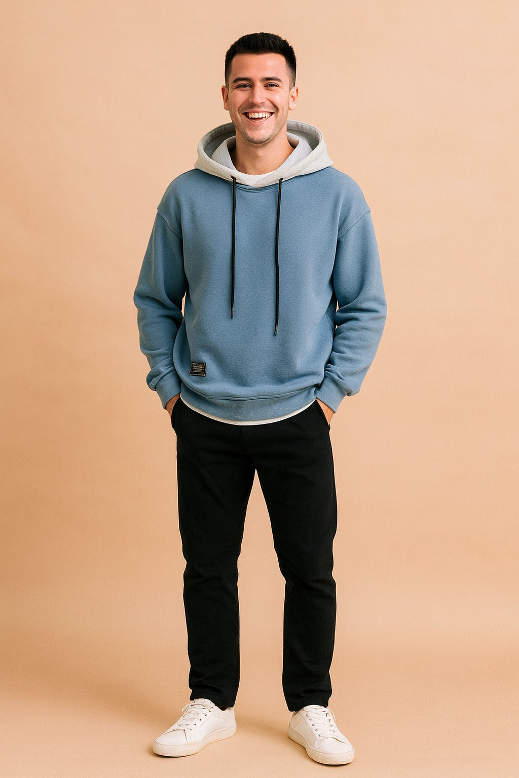 Men's two-tone hoodie with contrast hood in blue, worn, front view