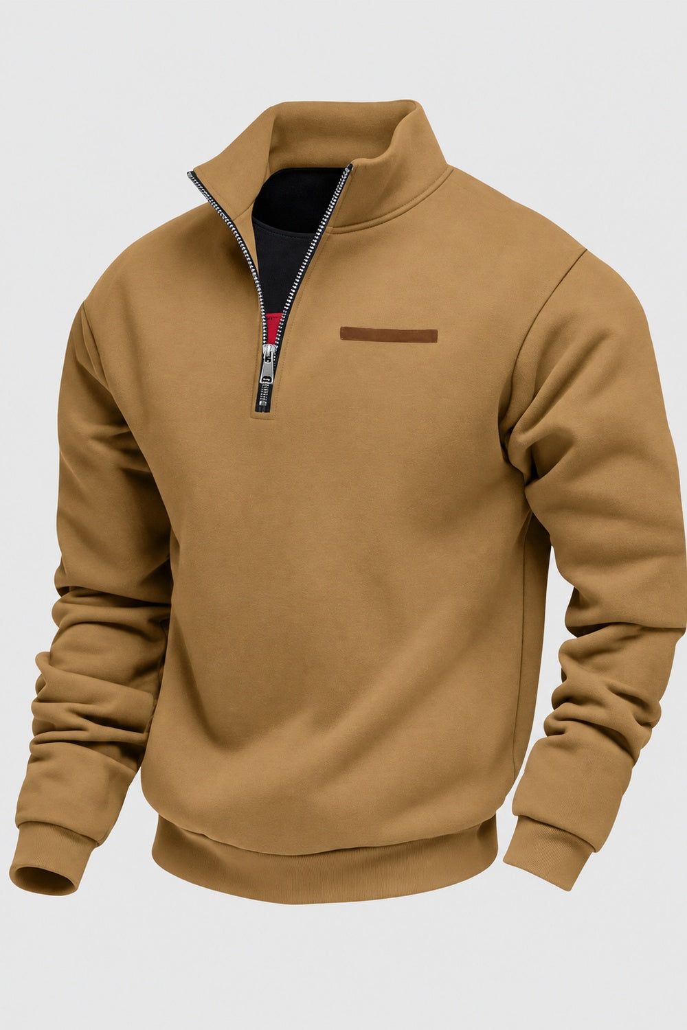 Camel funnel neck sweatshirt with the red zip stripe showing, product shot | Chaps London