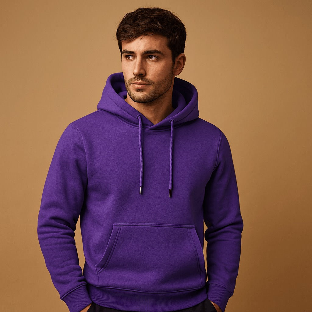 Men's classic drawstring hoodie in purple, worn, front view