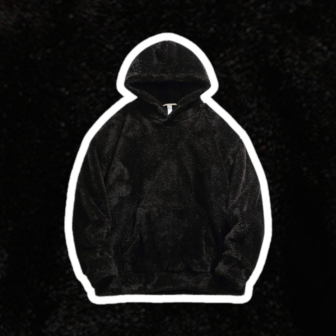 Men's fluffy borg hoodie in black, front view
