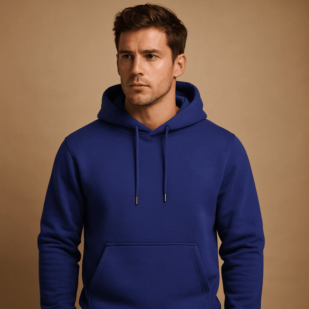 Men's classic drawstring hoodie in navy, worn, front view