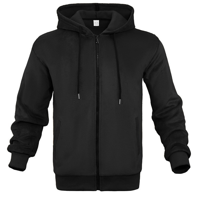 Men's waffle zip hoodie in black, front view