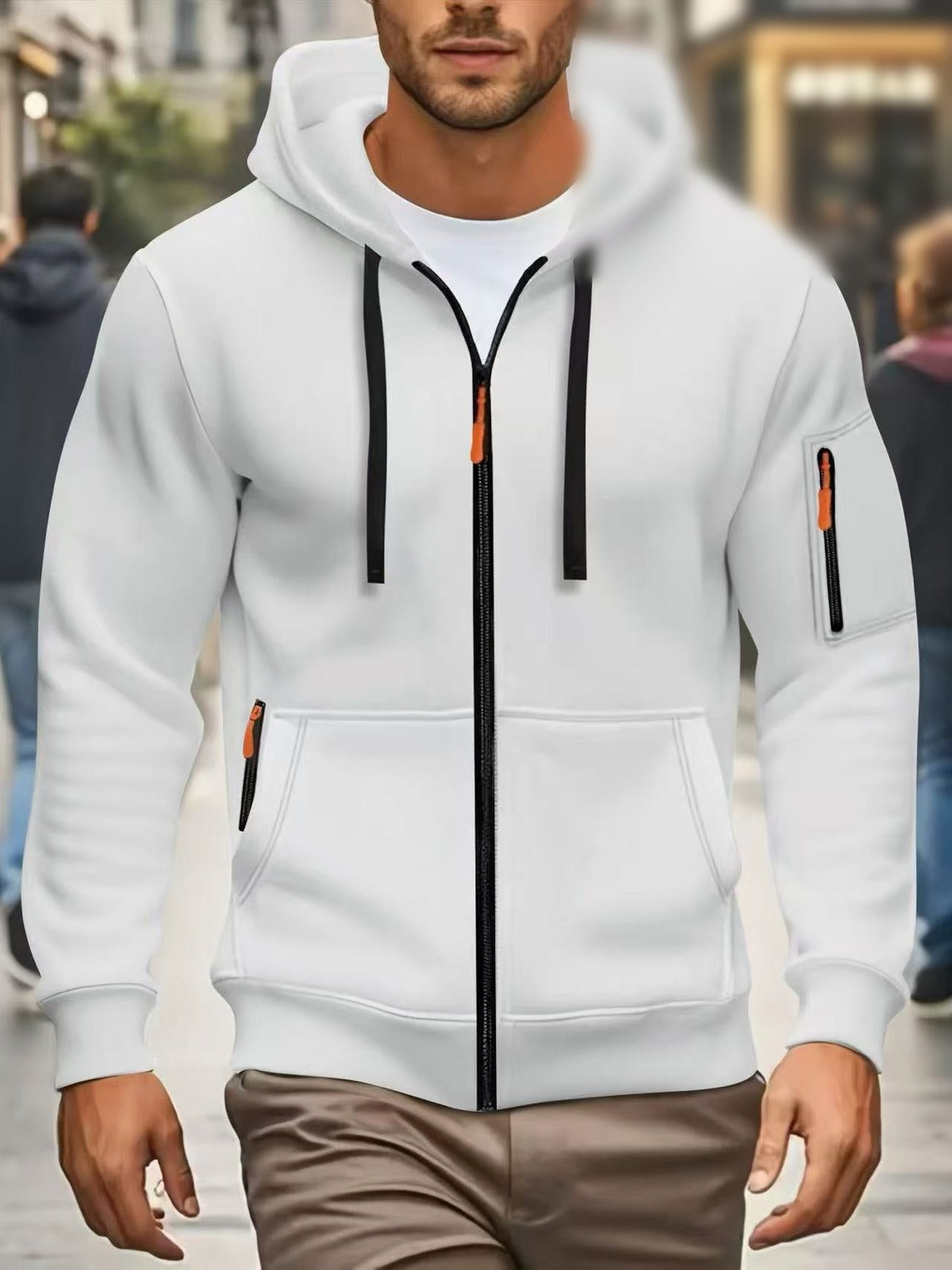 Men's full-zip hoodie with a sleeve pocket in white, worn, front view