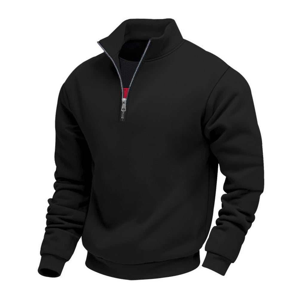 Black fleece-lined quarter zip jumper with ribbed cuffs, product shot | Chaps London