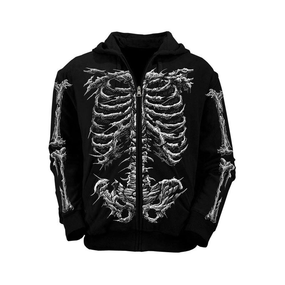Black zip hoodie with skeleton print, front view