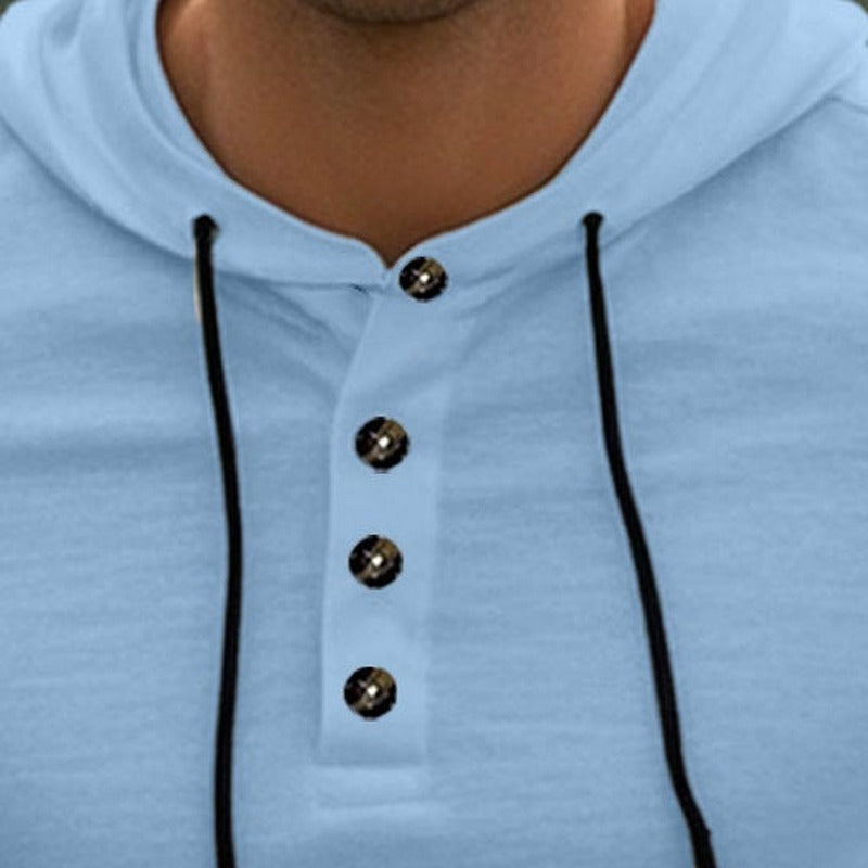 Men's henley hoodie with a button placket in light blue, close-up of the button placket and the drawstrings