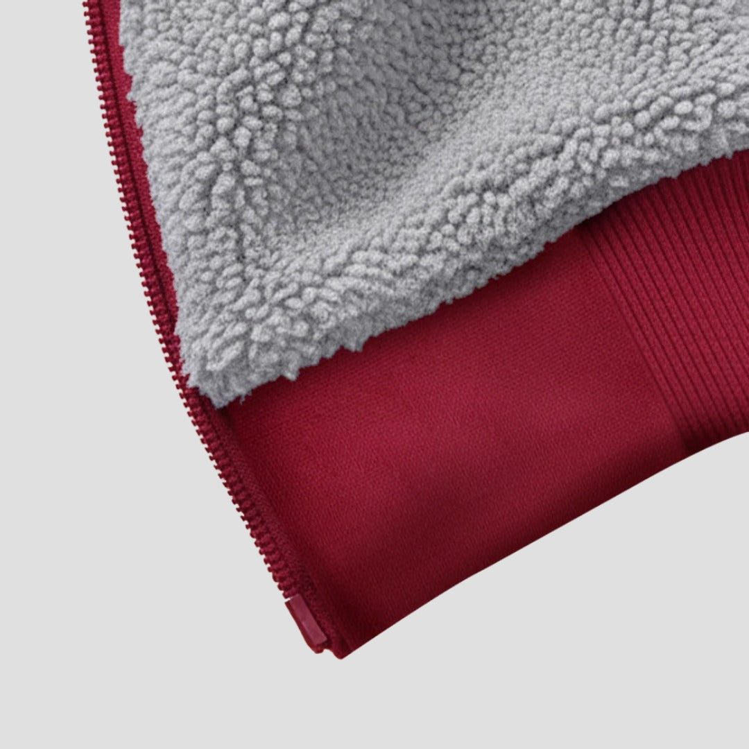 Men's sherpa-lined zip hoodie in burgundy, close-up of the hem, the zip and the sherpa lining