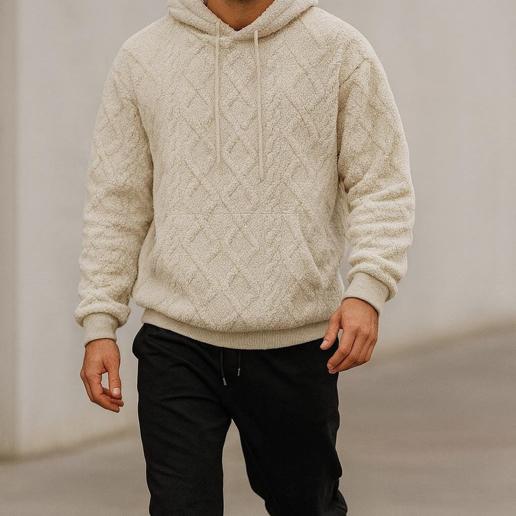 Men's quilted teddy fleece hoodie in beige, worn, front view