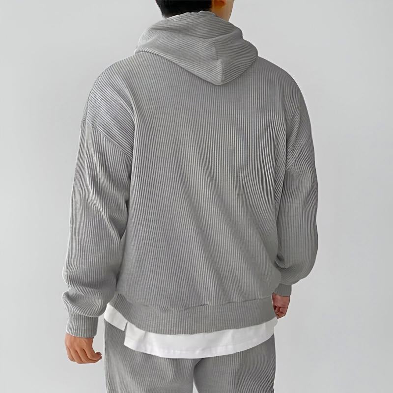 Men's ribbed oversized hoodie in grey, worn, back view