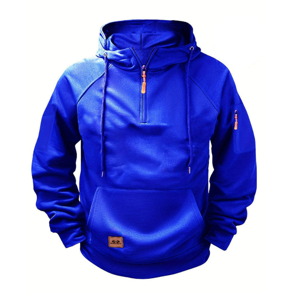 Royal blue half-zip hoodie with orange pulls at the neck and sleeve | Chaps London