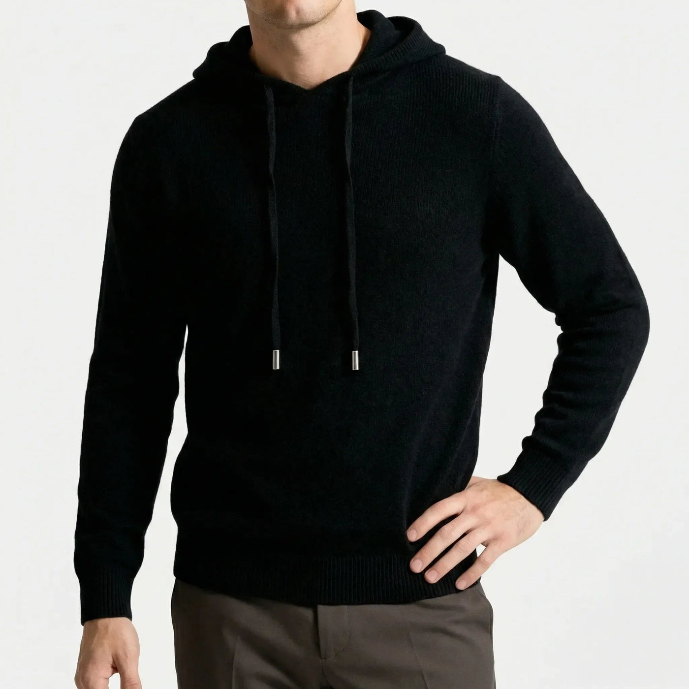 Men's fine-knit hooded jumper in black, worn, front view