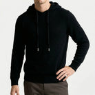 Men's fine-knit hooded jumper in black, worn, front view
