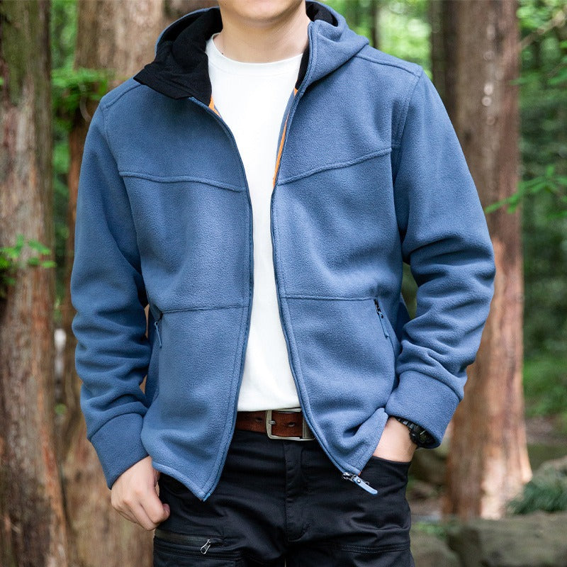 Men's hooded fleece zip jacket in blue, worn, front view