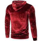 Men's velvet hoodie in red, back view