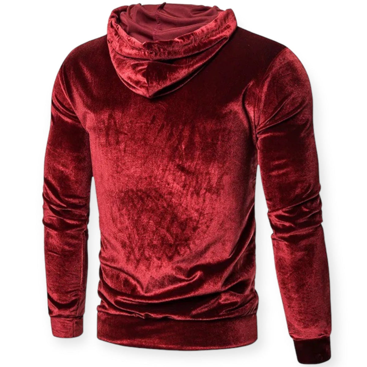 Men's velvet hoodie in red, back view