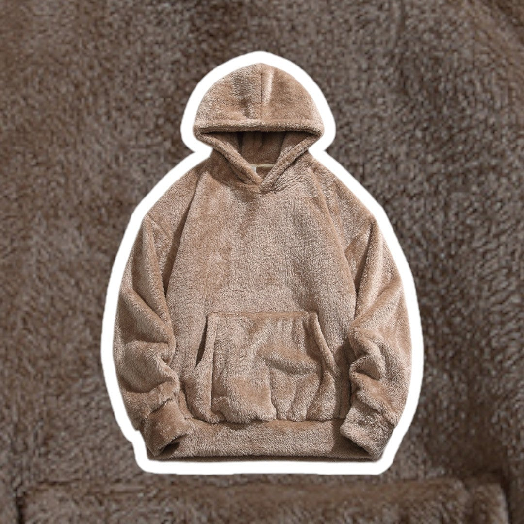 Men's fluffy borg hoodie in brown, front view