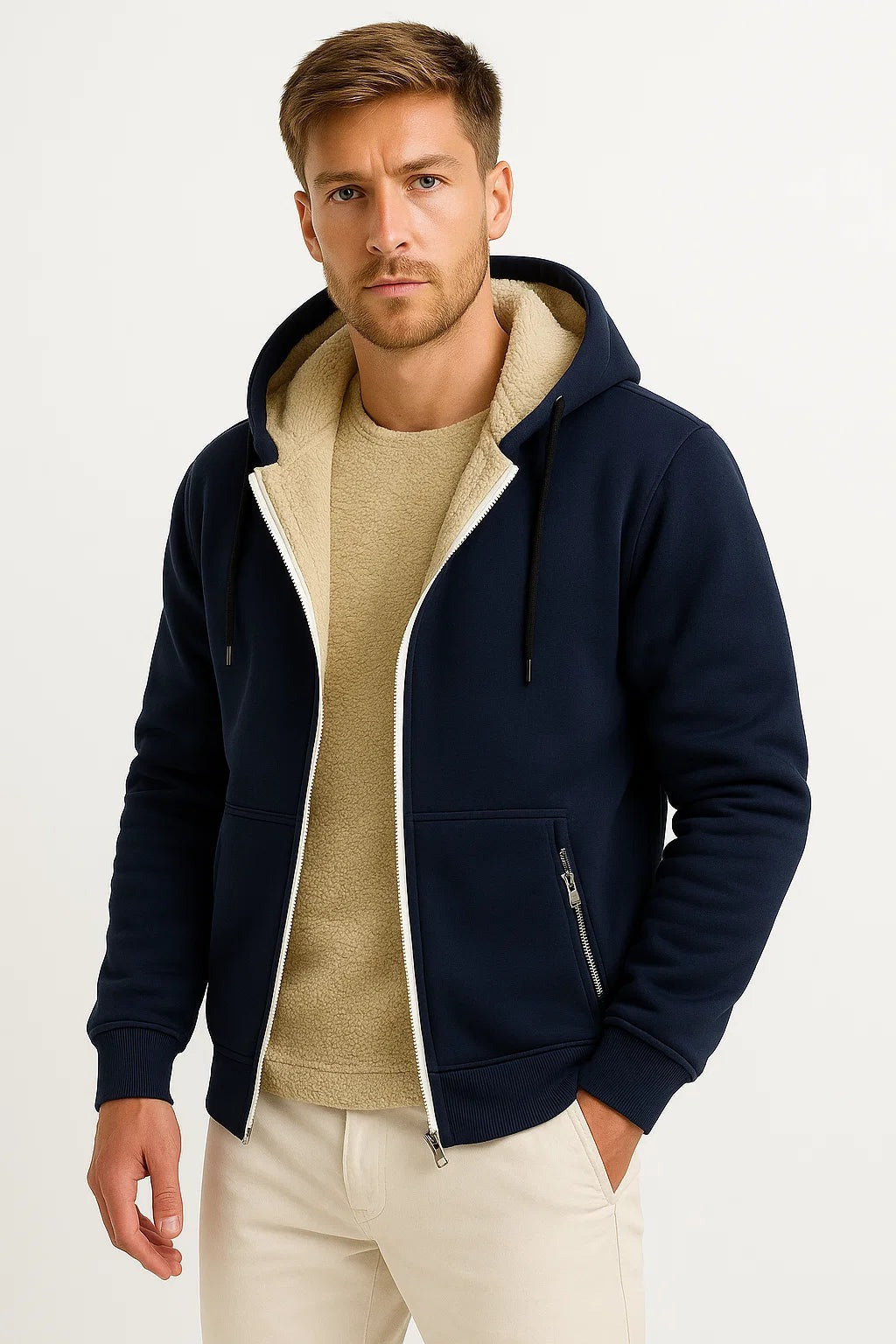 Men's sherpa-lined zip-up hoodie in navy, worn, front view