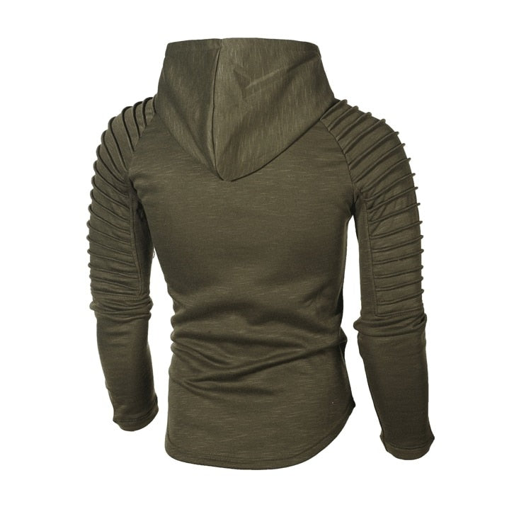 Men's slim-fit hoodie with ribbed sleeves in olive green, back view