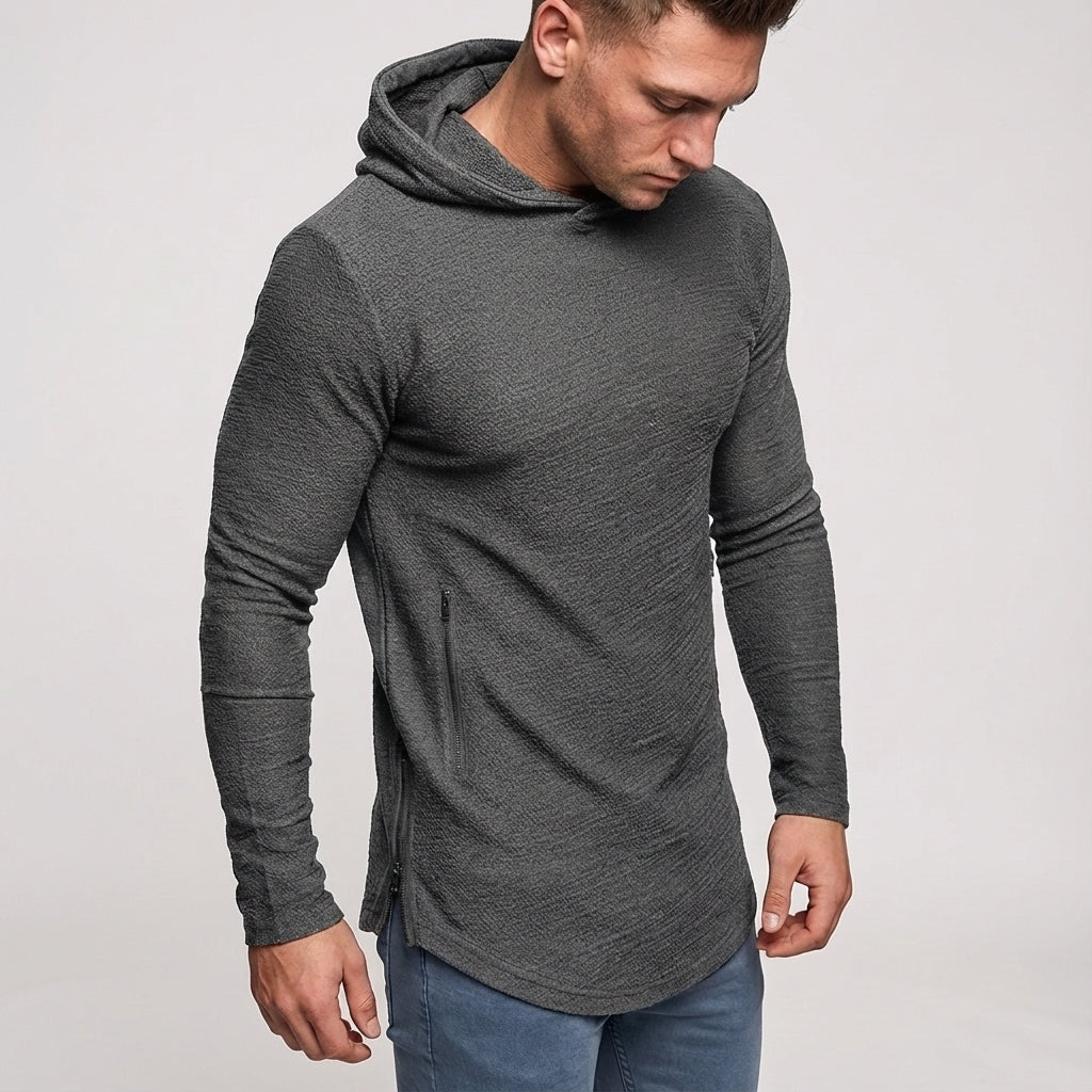 Men's slim-fit gym hoodie in grey, worn, front view
