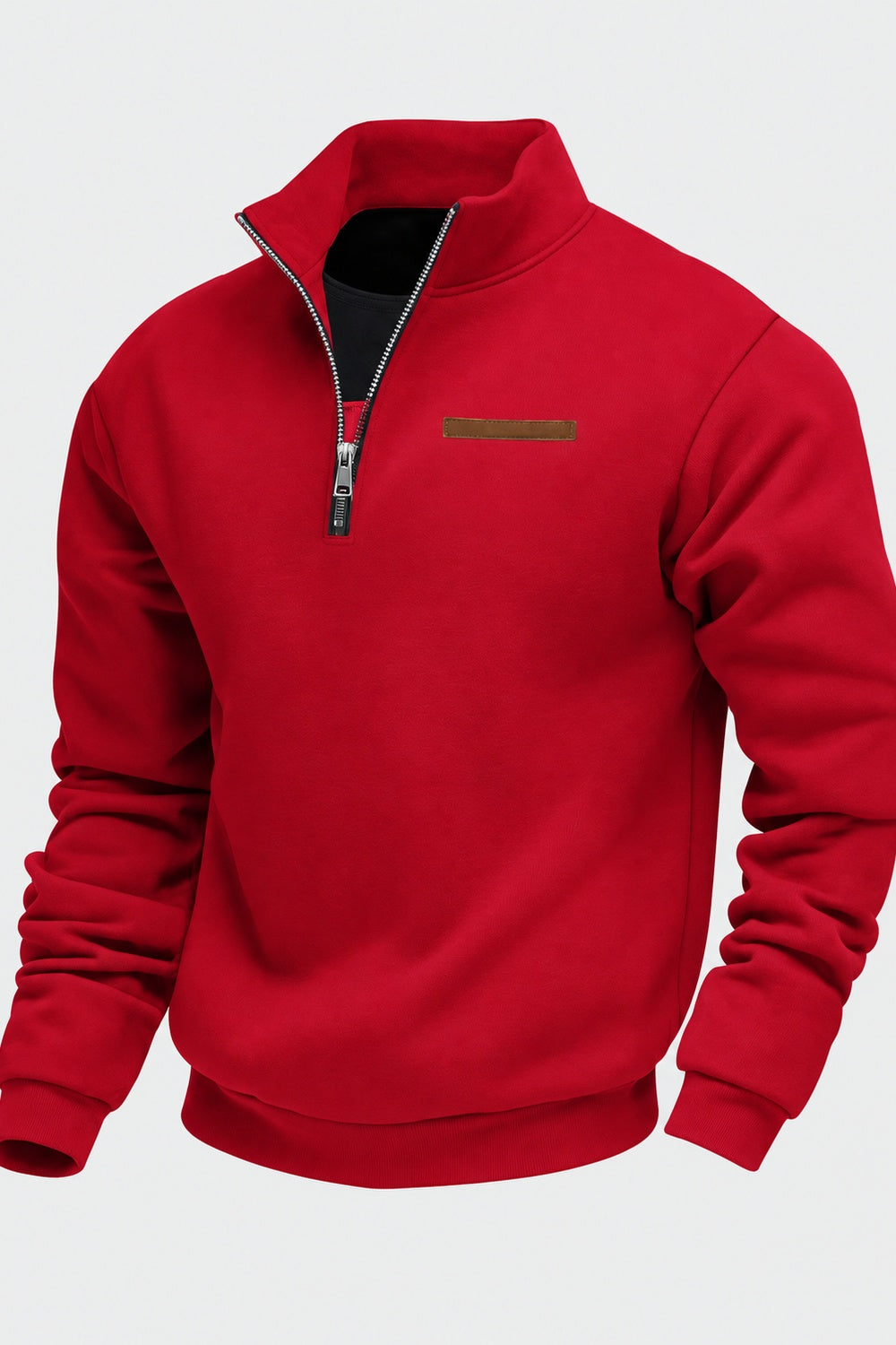Red funnel neck sweatshirt with a short metal zip, product shot | Chaps London