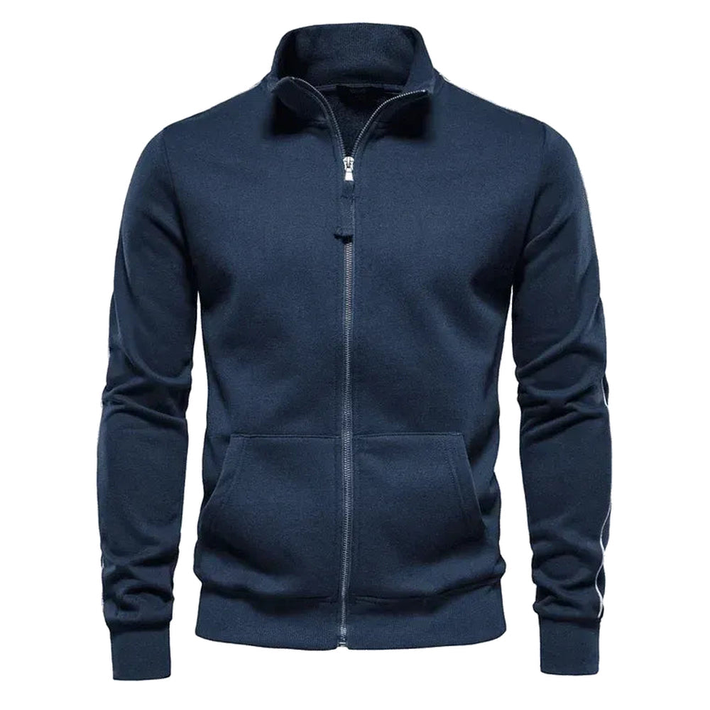 Navy zip-up sweatshirt with white stripes along the sleeves, shown on a white background | Chaps London