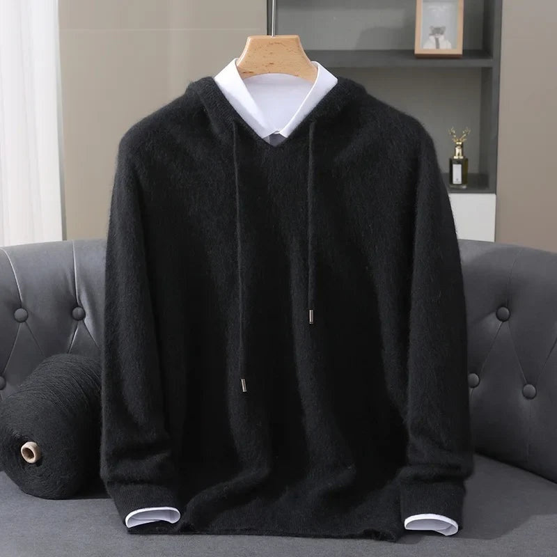 Men's lightweight knit hoodie in black, on a hanger, front view