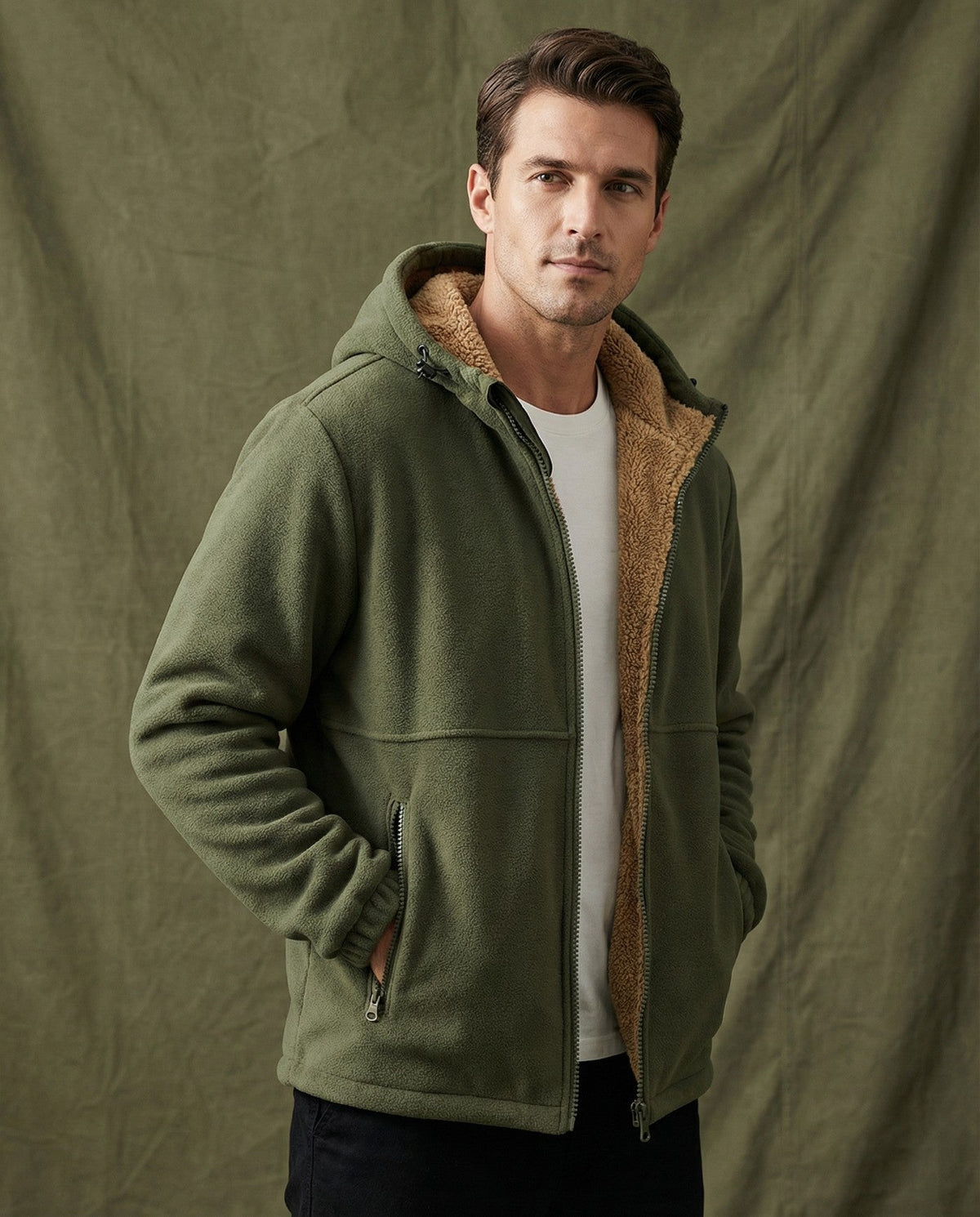 Men's sherpa-lined zip-up fleece in army green, worn, front view