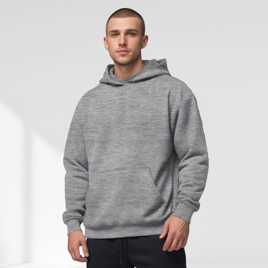 Men's oversized drop-shoulder hoodie in grey, worn, front view