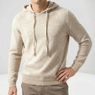 Men's fine-knit hooded jumper in beige, worn, front view