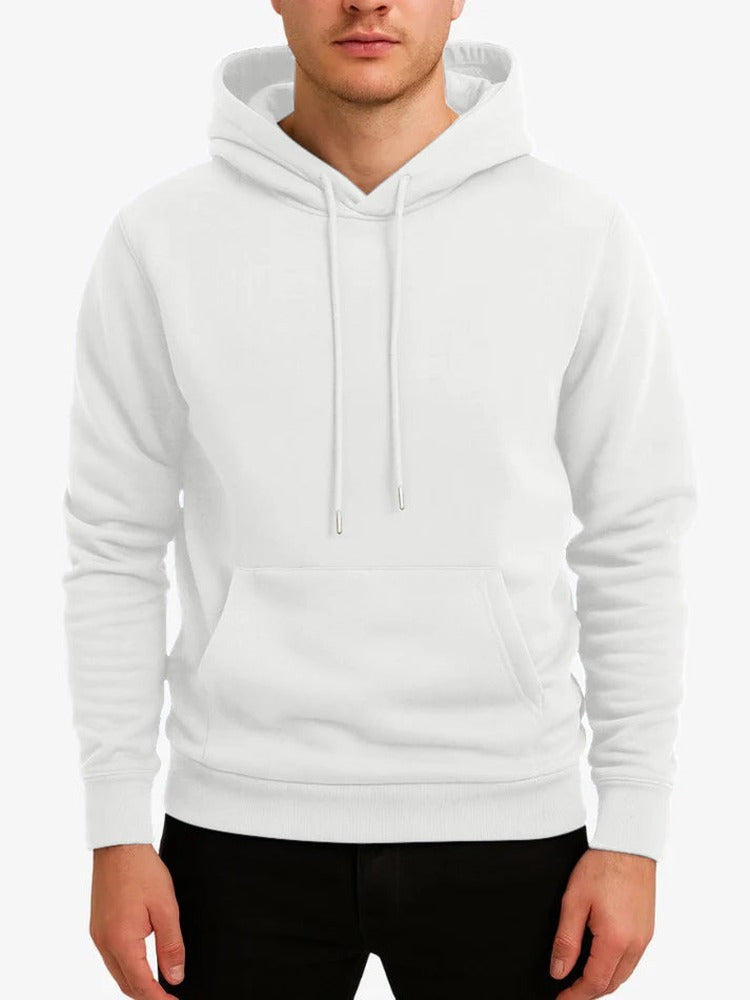 Men's soft-lined winter hoodie in white, worn, front view