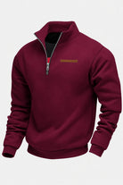 Burgundy funnel neck sweatshirt with a leather-look tab across the chest, product shot | Chaps London