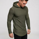 Men's slim-fit gym hoodie in olive green, worn, front view