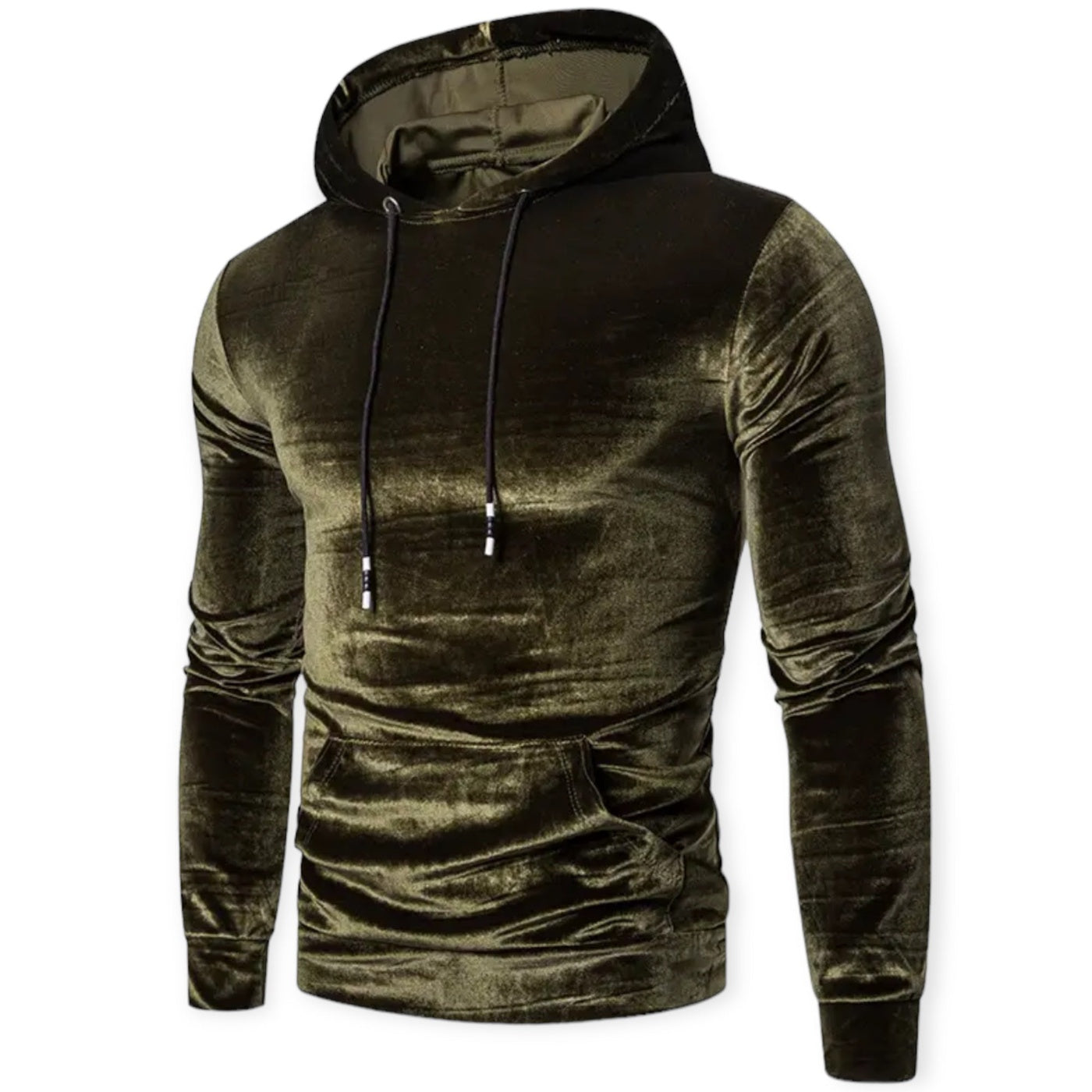 Men's velvet hoodie in olive green, front view